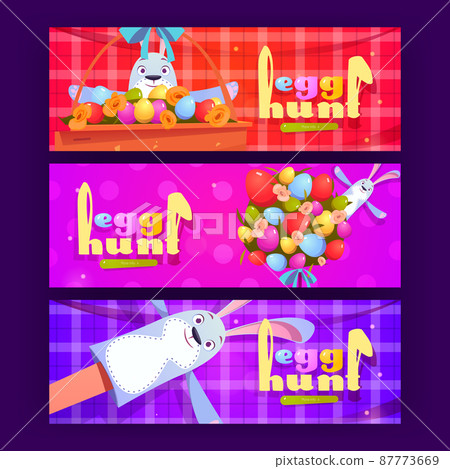 Egg hunt, happy Easter banners with rabbit toys 87773669