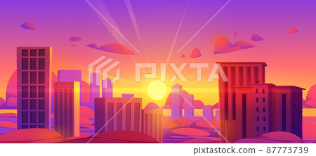 Sunset sky over clouds and city skyscrapers 87773739