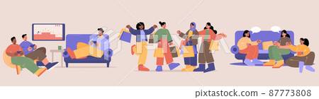 Friends play computer game, shopping, talking 87773808