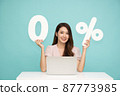 Portrait of Asian business woman showing and holding 0% number or zero percent isolated over light green background 87773985