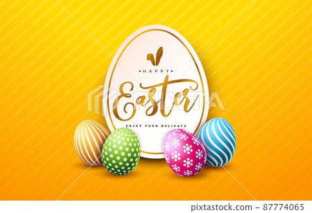 Vector Illustration of Happy Easter Holiday with Painted Egg on Shiny Yellow Background. International Easter Celebration Design with Typography for Greeting Card, Party Invitation or Promo Banner. Vector Illustration of Happy Easter Holiday with Painted Egg on Shiny Yellow Background. International Easter Celebration Design with Typography for Greeting Card, Party Invitation or Promo Banner. 87774065