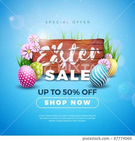 Easter Sale Illustration with Color Painted Egg and Spring Flower on Blue Background. Vector Easter Holiday Design Template for Coupon, Banner, Voucher or Promotional Poster. Easter Sale Illustration with Color Painted Egg and Spring Flower on Blue Background. Vector Easter Holiday Design Template for Coupon, Banner, Voucher or Promotional Poster. 87774066