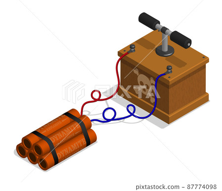 Isometric Box with handles for detonating dynamite charge at mining site. Equipment for pyrotechnics. Realistic 3D vector isolated on white background 87774098