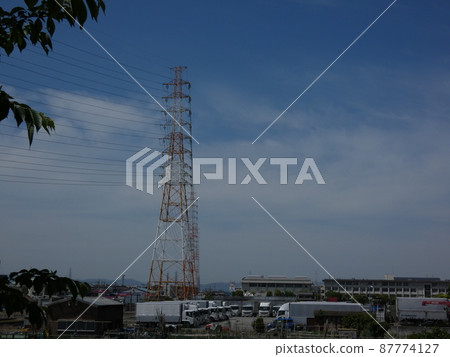以夏日為背景,在遠處繼續延伸的電線和塔 以夏日為背景,在遠處繼續延伸的電線和塔 87774127