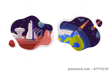 Science space station and spaceship. Space industry exploration cartoon vector illustration Science space station and spaceship. Space industry exploration cartoon vector illustration 87774239