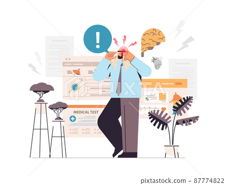 tired arab businessman suffering from headache painful area highlighted in red color sad busy man feeling bad tired arab businessman suffering from headache painful area highlighted in red color sad busy man feeling bad 87774822