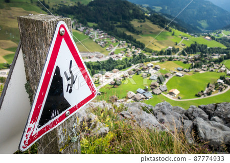 Fall danger warning sign near a cliff 87774933