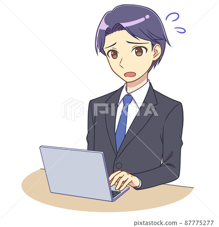 A man in a suit who operates a personal computer is impatient 87775277