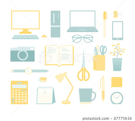 Business-related illustration set such as PCs and smartphones Simple work desk PC stationery office Business-related illustration set such as PCs and smartphones Simple work desk PC stationery office 87775616