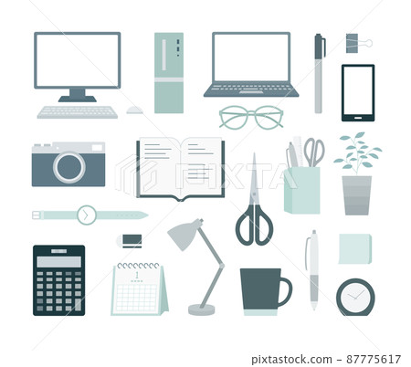 Business-related illustration set such as PCs and smartphones Simple work desk PC stationery office 87775617