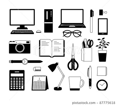 Business-related illustration set such as PCs and smartphones Simple work desk PC stationery office Business-related illustration set such as PCs and smartphones Simple work desk PC stationery office 87775618