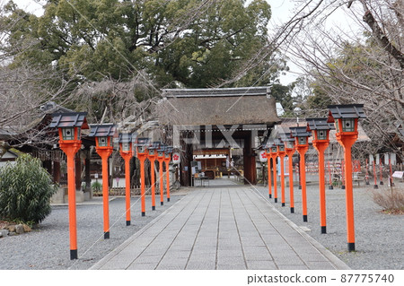 鵝卵石路、紅燈籠和大門的神社場地景觀 鵝卵石路、紅燈籠和大門的神社場地景觀 87775740