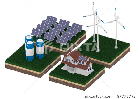 Isometric 3d render of network made of wind turbines, solar panels, battery and house 87775772