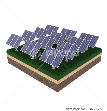 3D render of Solar panels standing on soil slice isolated on white background 3D render of Solar panels standing on soil slice isolated on white background 87775773