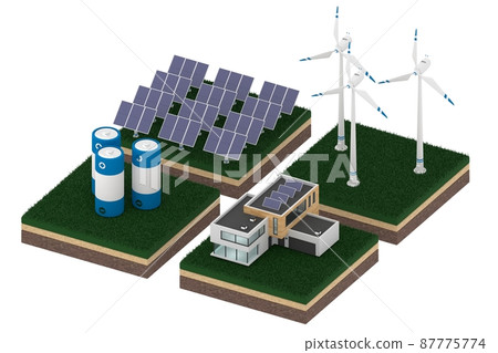 Isometric 3d render of network made of wind turbines, solar panels, battery and house Isometric 3d render of network made of wind turbines, solar panels, battery and house 87775774