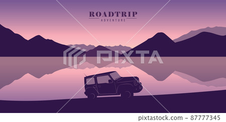 nature landscape by lake roadtrip adventure with 4x4 vehicle car nature landscape by lake roadtrip adventure with 4x4 vehicle car 87777345