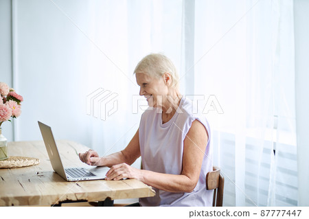 elderly woman using a laptop in a cozy living room. 87777447