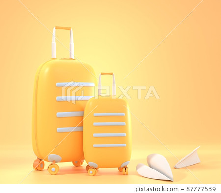 Yellow plastic suitcases with white paper planes, 3d render. Luggage bags for summer journey or vacation trip, isolated on orange background. Dream of flight and sea beach holiday. Travel banner Yellow plastic suitcases with white paper planes, 3d render. Luggage bags for summer journey or vacation trip, isolated on orange background. Dream of flight and sea beach holiday. Travel banner 87777539