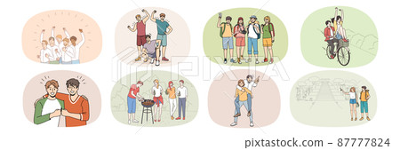 Set of young people have fun relax on summer vacation Set of young people have fun relax on summer vacation 87777824