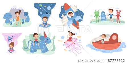 Kids cartoon imagination, children fantasy world. Cute baby imagine magical creatures friends vector illustration set. Childhood imagination, dream adventure 87778312