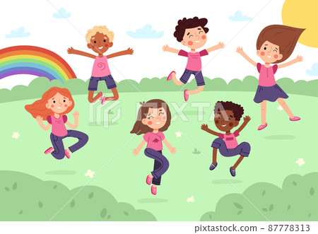 Happy cartoon kids jumping in park or kindergarten playground. Children doing outdoor activities vector illustration. Funny babys having fun 87778313