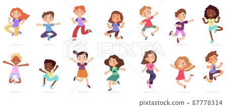 Happy jumping kids, cute active cartoon children characters. Little kids different activities vector illustration set. Children having fun and laughting together 87778314
