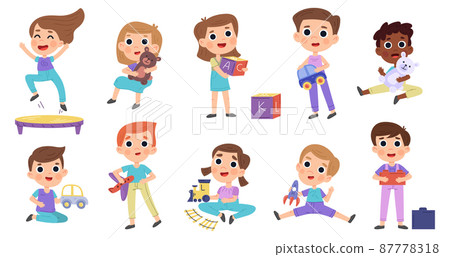 Cartoon children play with toys, kindergarten activities. Little kids playing with teddy bear, doll and toy car vector illustration set. Children characters having fun 87778318
