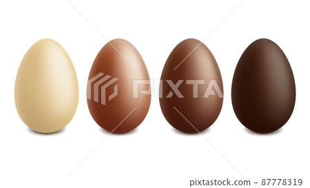 Realistic easter chocolate egg, white, milk and dark chocolate eggs. Easter eggs different chocolate colors vector illustration set. Easter holiday sweet choco treats Realistic easter chocolate egg, white, milk and dark chocolate eggs. Easter eggs different chocolate colors vector illustration set. Easter holiday sweet choco treats 87778319