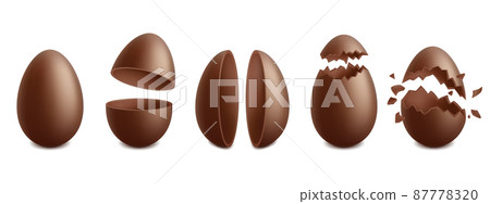 Realistic chocolate easter eggs, spring holiday surprise treat. Broken eggshell egg, holiday choco sweets vector symbols set. Cracked easter eggs Realistic chocolate easter eggs, spring holiday surprise treat. Broken eggshell egg, holiday choco sweets vector symbols set. Cracked easter eggs 87778320