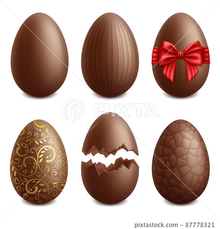 Realistic chocolate eggs, easter holiday sweet dessert. Easter holiday surprise treat, golden choco eggs vector illustration set. Brown choco eggs icons 87778321