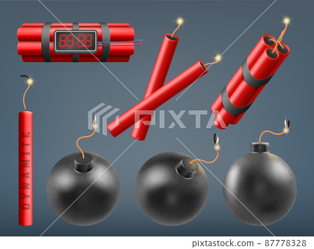 Realistic bombs, burning dynamite bomb sticks and explosive firecrackers. Dynamite bombs, explosive military weapon vector illustration set. Detonate dynamite sticks Realistic bombs, burning dynamite bomb sticks and explosive firecrackers. Dynamite bombs, explosive military weapon vector illustration set. Detonate dynamite sticks 87778328