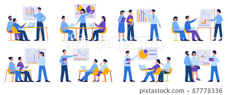 Business meeting or presentation, business coach and office team. Office team business training or conference vector illustration set. Teamwork presentation Business meeting or presentation, business coach and office team. Office team business training or conference vector illustration set. Teamwork presentation 87778336