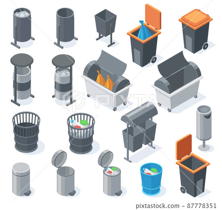 Isometric trash bins, 3d garbage rubbish can, waste recycle baskets. City waste sorting and recycling containers vector illustration set. Garbage containers 87778351
