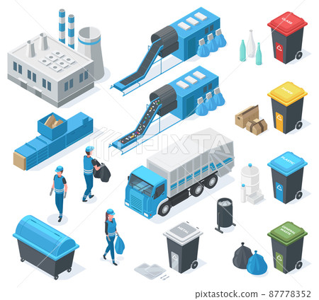 Isometric waste recycle, garbage plant, truck, industrial landfill environment. Garbage recycling, garbage can and scavengers vector illustration set. Waste recycling Isometric waste recycle, garbage plant, truck, industrial landfill environment. Garbage recycling, garbage can and scavengers vector illustration set. Waste recycling 87778352