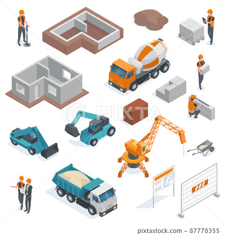Isometric architecture building construction, architect and builders workflow. Construction work equipment vector illustration set. Building construction workers 87778355