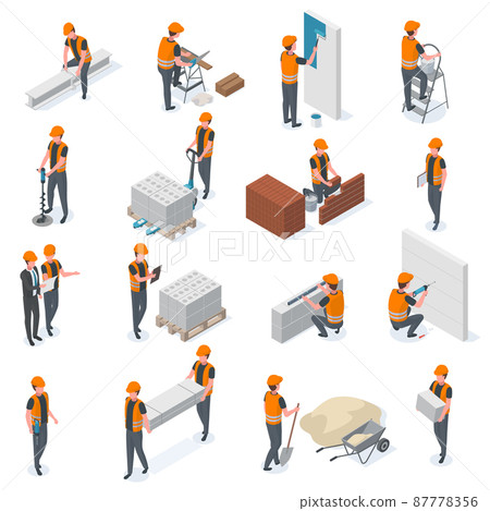 Isometric construction workers, builders and engineer characters. People lay bricks, paint walls and drill well vector illustration set. Builders with construction equipment Isometric construction workers, builders and engineer characters. People lay bricks, paint walls and drill well vector illustration set. Builders with construction equipment 87778356