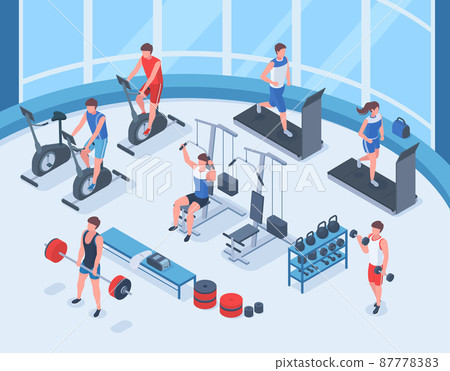 Isometric fitness sport, people workout in gym interior. Human characters working with gymnastic equipment vector illustration set. Gym and workout room 87778383