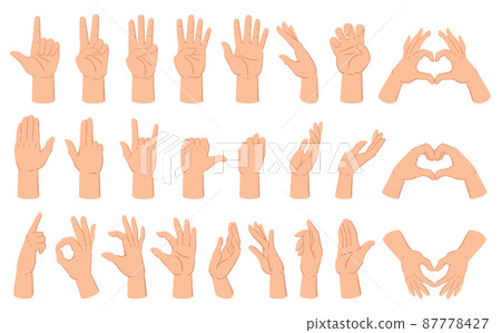 Cartoon hands gesture, hand poses, thumb up and counting gestures. Human hand gestures, count and crossed fingers vector illustration set. Hand gesture communication 87778427