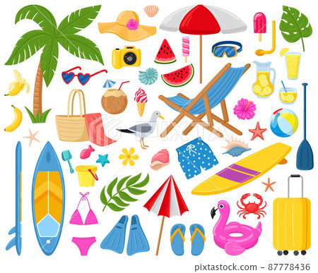 Cartoon summer elements, travel, beach, summertime accessory. Cocktails, ice cream and exotic fruits vector illustration set. Palm and serfing board Cartoon summer elements, travel, beach, summertime accessory. Cocktails, ice cream and exotic fruits vector illustration set. Palm and serfing board 87778436