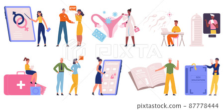 Sexual education, harassment, sex behaviour and health. Sexually transmitted diseases and contraception vector illustration set. Health and reproduction system lesson 87778444