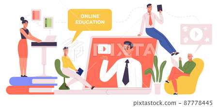 Online learning, e-library, digital workshop tutorials. People learning by reading books vector illustration. Characters learning in e-libraries 87778445