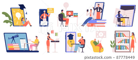 Online education, video language training, digital workshop, e-learning concept. Learning online at home by video call vector illustration set. E-learning, online education Online education, video language training, digital workshop, e-learning concept. Learning online at home by video call vector illustration set. E-learning, online education 87778449