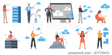 Cloud system, online data storage and cloud engineering. Online data cloud server engineer characters vector illustration set. Cloud engineering computing concept 87778472