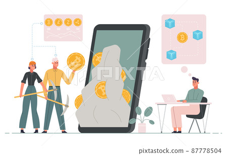 Bitcoin, crypto coin wallet, cryptocurrency mining technology concept. Bitcoins and altcoins farming tech vector illustration. Modern electronic money 87778504