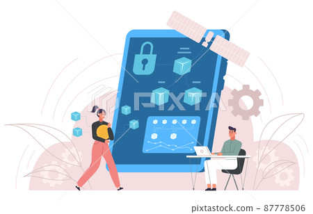 Blockchain technology, business people block chain concept. Bitcoin and crypto coins mining vector illustration. Cryptocurrency transaction tech Blockchain technology, business people block chain concept. Bitcoin and crypto coins mining vector illustration. Cryptocurrency transaction tech 87778506