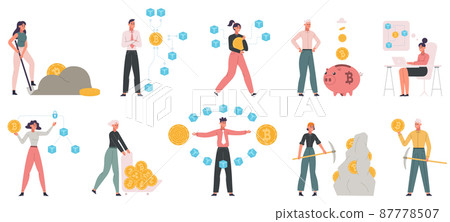 Blockchain data technologies, people work with block chain fin tech industry. Financiers and business people mining coins vector illustration 87778507