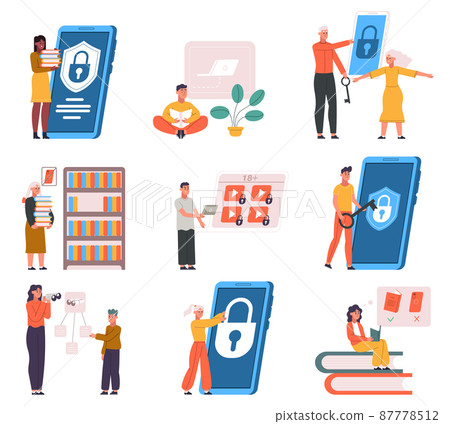 Parent digital control, kids software content and media access. Safe social media and internet for children vector illustration set. Parenting kids control Parent digital control, kids software content and media access. Safe social media and internet for children vector illustration set. Parenting kids control 87778512