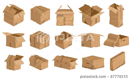 Damaged carton cardboard boxes, crumpled delivery package. Broken, wet, torn carton delivery boxes vector illustration set. Carton damaged cardboard package Damaged carton cardboard boxes, crumpled delivery package. Broken, wet, torn carton delivery boxes vector illustration set. Carton damaged cardboard package 87778535