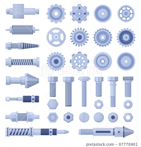Mechanical engine industrial pulley, screw, bolt cog and cogwheel. Hydraulic machines parts, screws and nuts vector illustration. Machinery bolts and gears 87778901