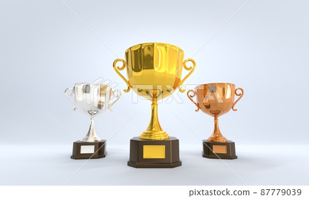 Golden, silver and bronze cup, award trophy or winner prize on wooden pedestal with empty gold plate for championship. Shiny metal goblets with bowls isolated on grey background, realistic 3d set 87779039